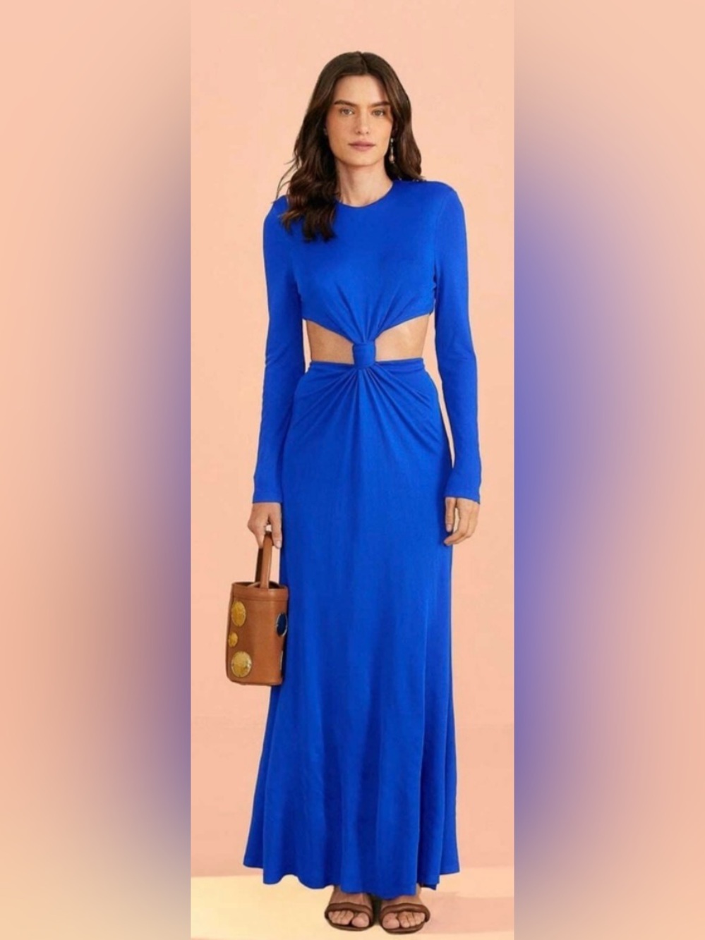 Farm Rio Royal Blue Long Sleeve Knot Cut Out Backless Viscose Maxi Dress Sz XXS
